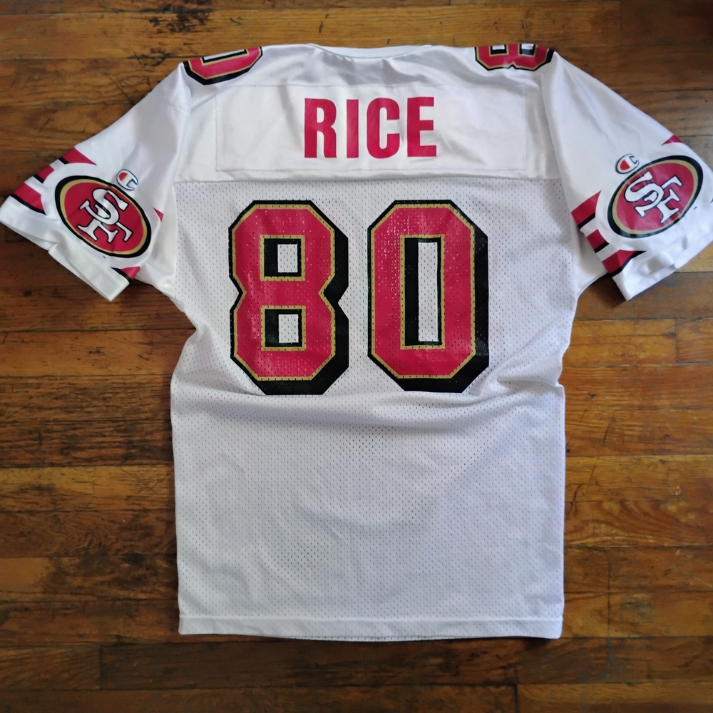 Champion White Jersey with Red and Black Number 80